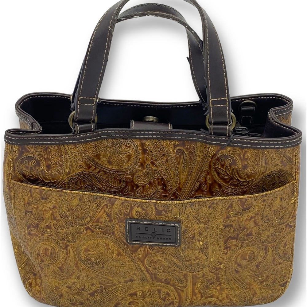 RELIC Fossil Brown Tan Embossed Paisley Faux Vegan Leather Handbag Purse Tote